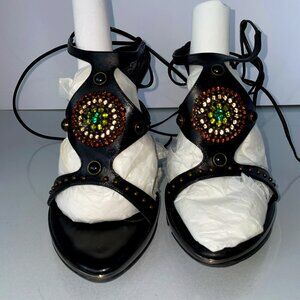 Steve Madden Luxe Fanciful Black Leather Studded/Medallion Lace-up Heels